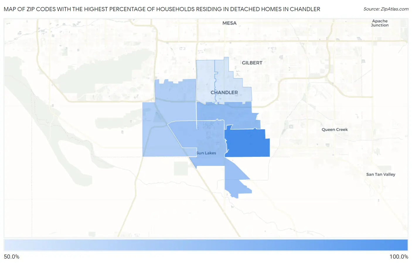 Zip Codes with the Highest Percentage of Households Residing in Detached Homes in Chandler Map