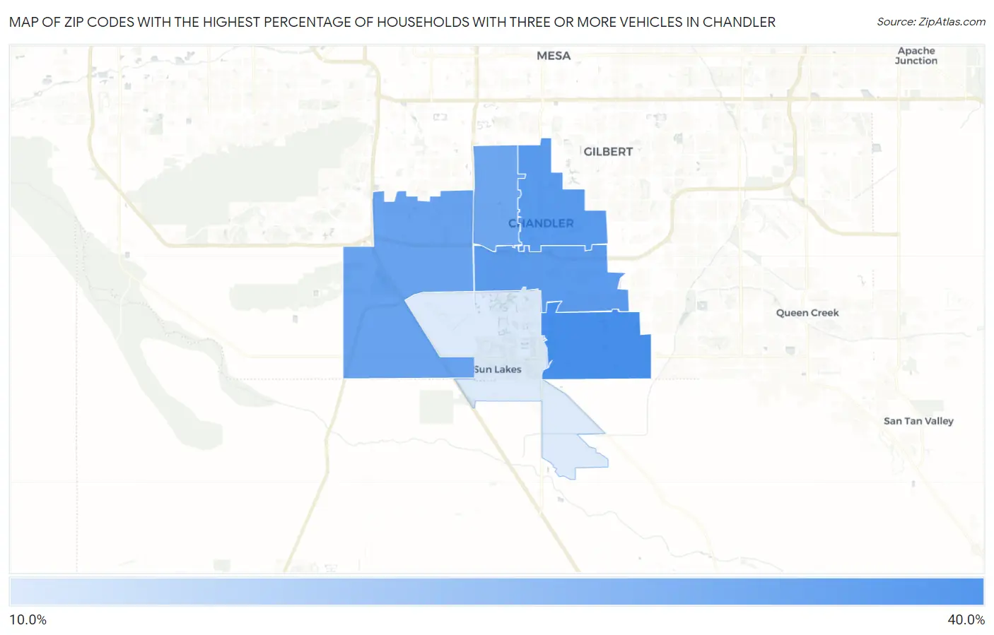 Zip Codes with the Highest Percentage of Households With Three or more Vehicles in Chandler Map