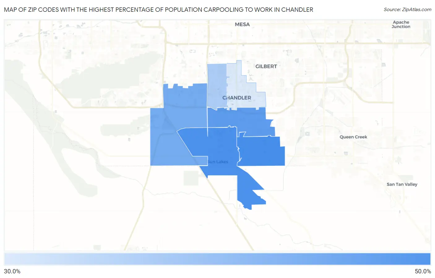 Zip Codes with the Highest Percentage of Population Carpooling to Work in Chandler Map