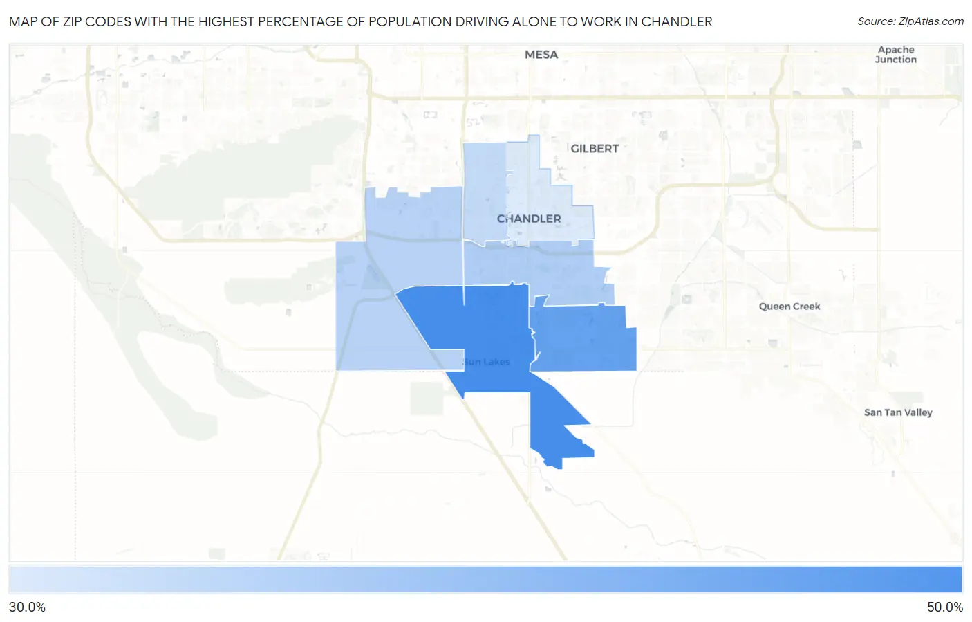 Zip Codes with the Highest Percentage of Population Driving Alone to Work in Chandler Map