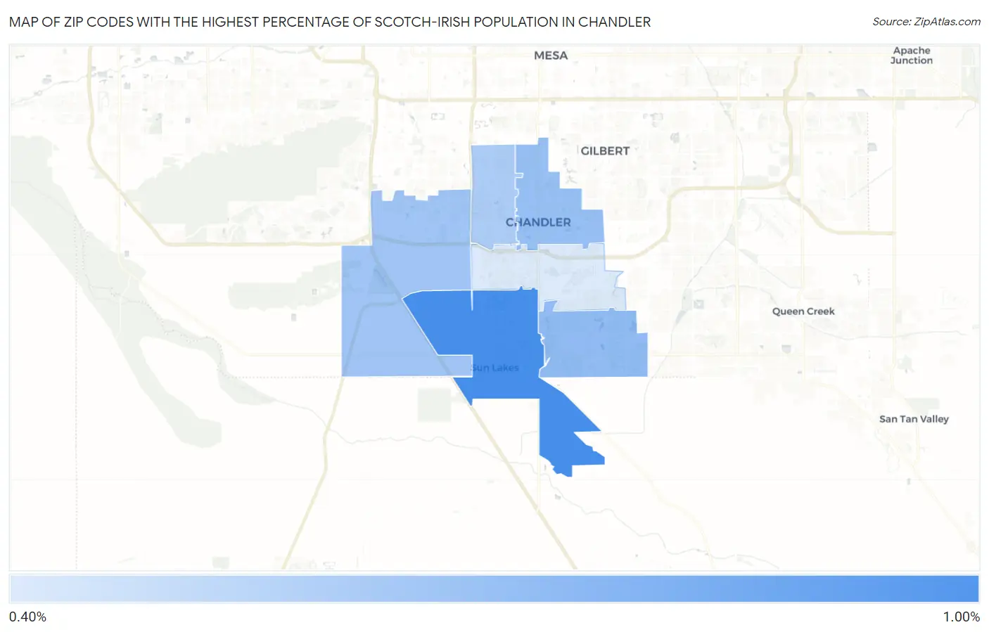 Zip Codes with the Highest Percentage of Scotch-Irish Population in Chandler Map