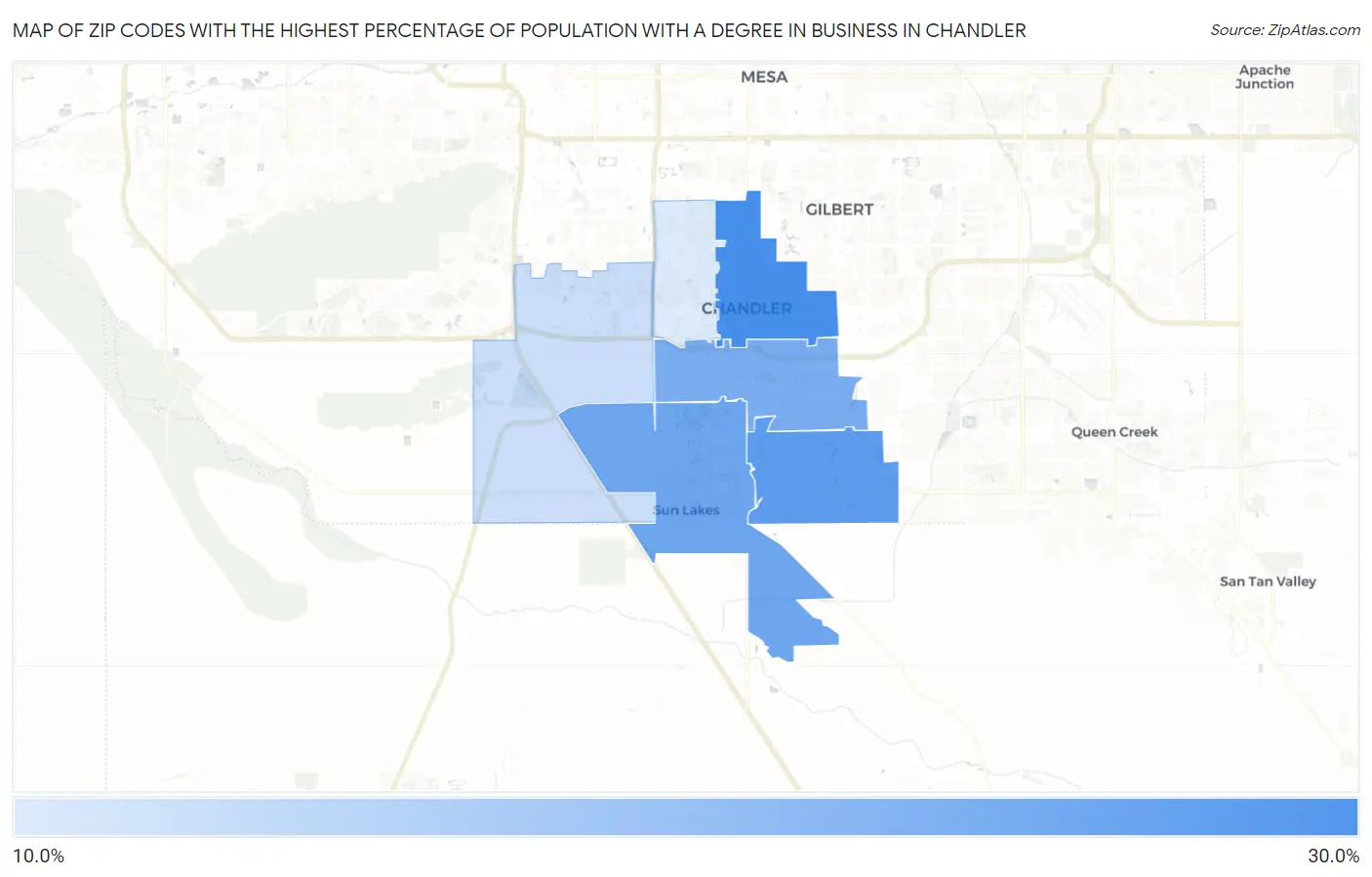 Zip Codes with the Highest Percentage of Population with a Degree in Business in Chandler Map