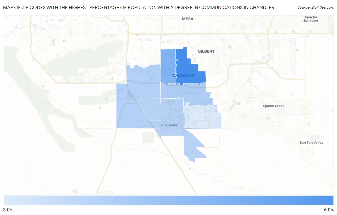 Zip Codes with the Highest Percentage of Population with a Degree in Communications in Chandler Map