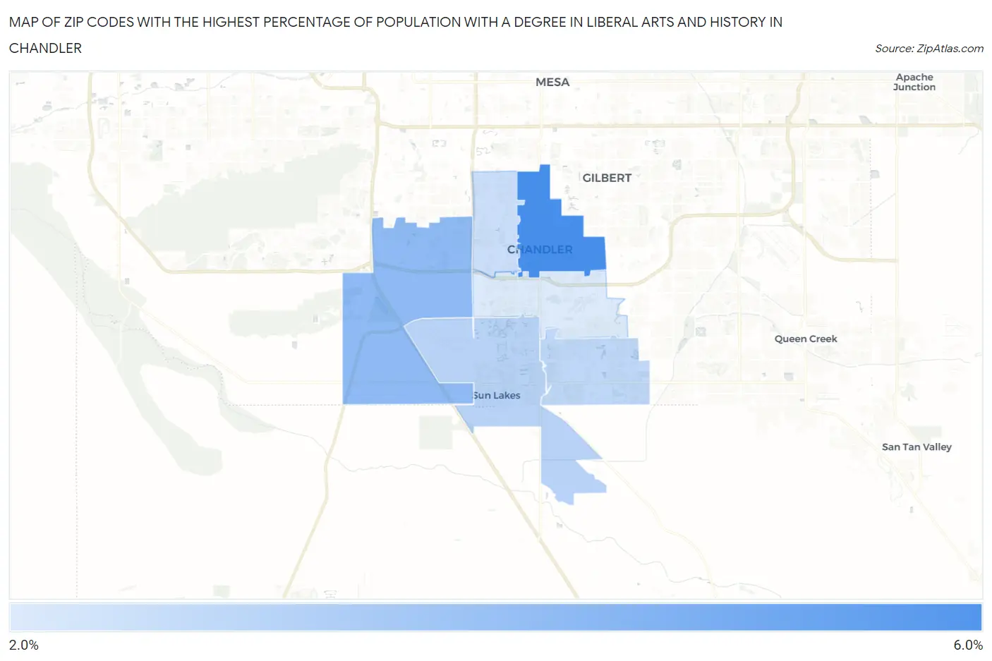 Zip Codes with the Highest Percentage of Population with a Degree in Liberal Arts and History in Chandler Map