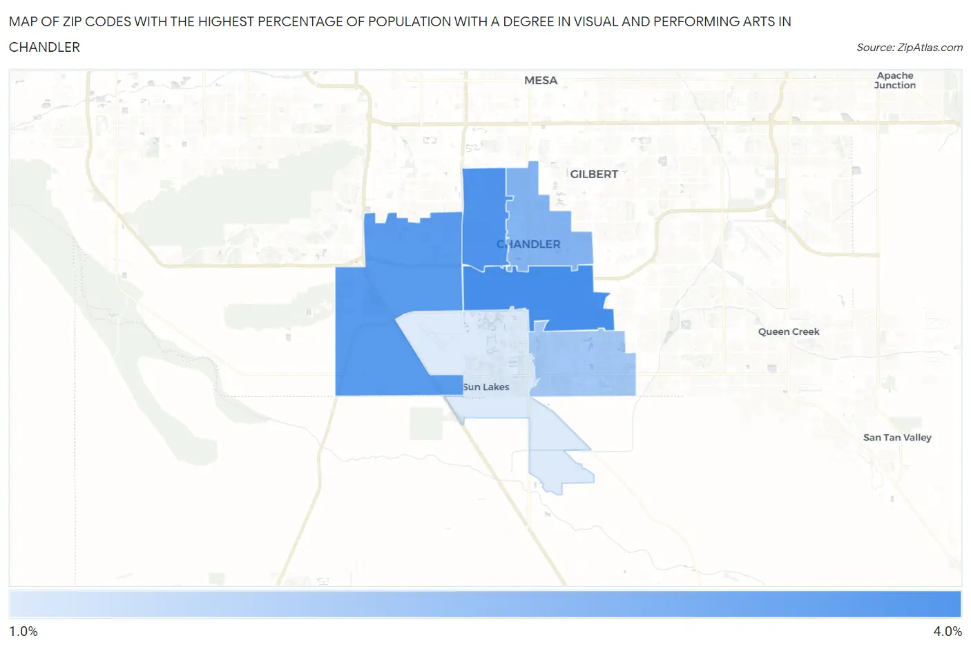 Zip Codes with the Highest Percentage of Population with a Degree in Visual and Performing Arts in Chandler Map