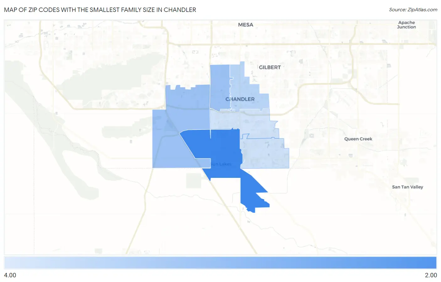Zip Codes with the Smallest Family Size in Chandler Map