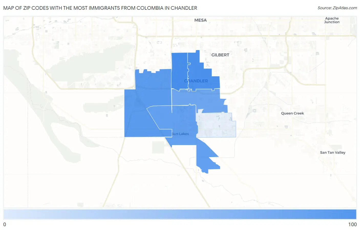 Zip Codes with the Most Immigrants from Colombia in Chandler Map