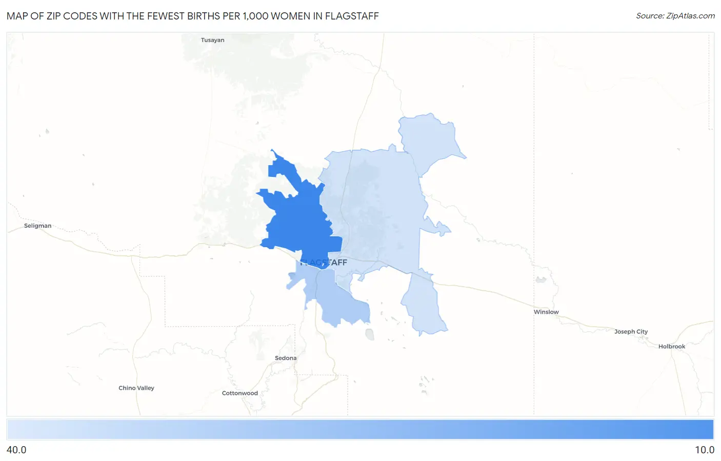 Zip Codes with the Fewest Births per 1,000 Women in Flagstaff Map