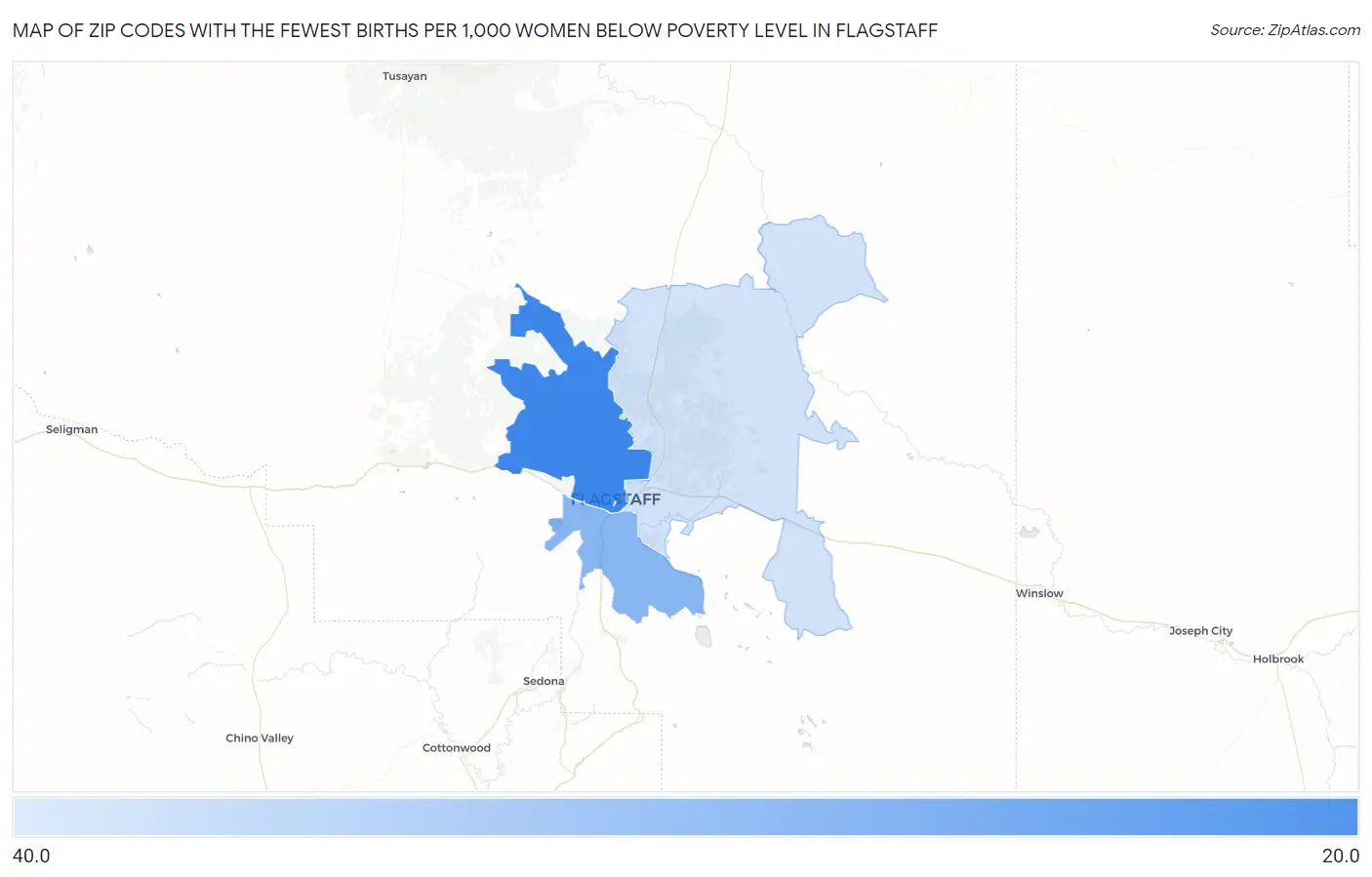 Zip Codes with the Fewest Births per 1,000 Women Below Poverty Level in Flagstaff Map