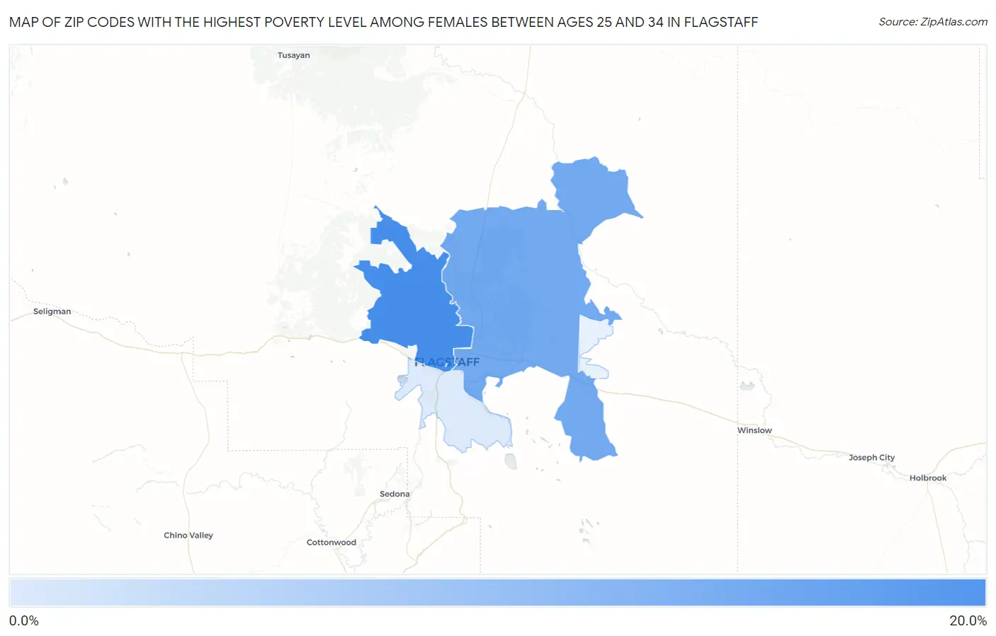 Zip Codes with the Highest Poverty Level Among Females Between Ages 25 and 34 in Flagstaff Map