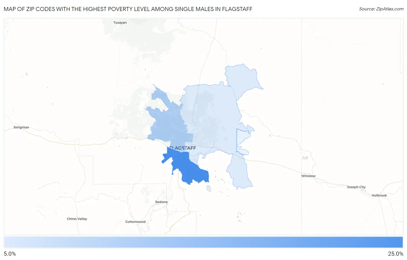 Zip Codes with the Highest Poverty Level Among Single Males in Flagstaff Map