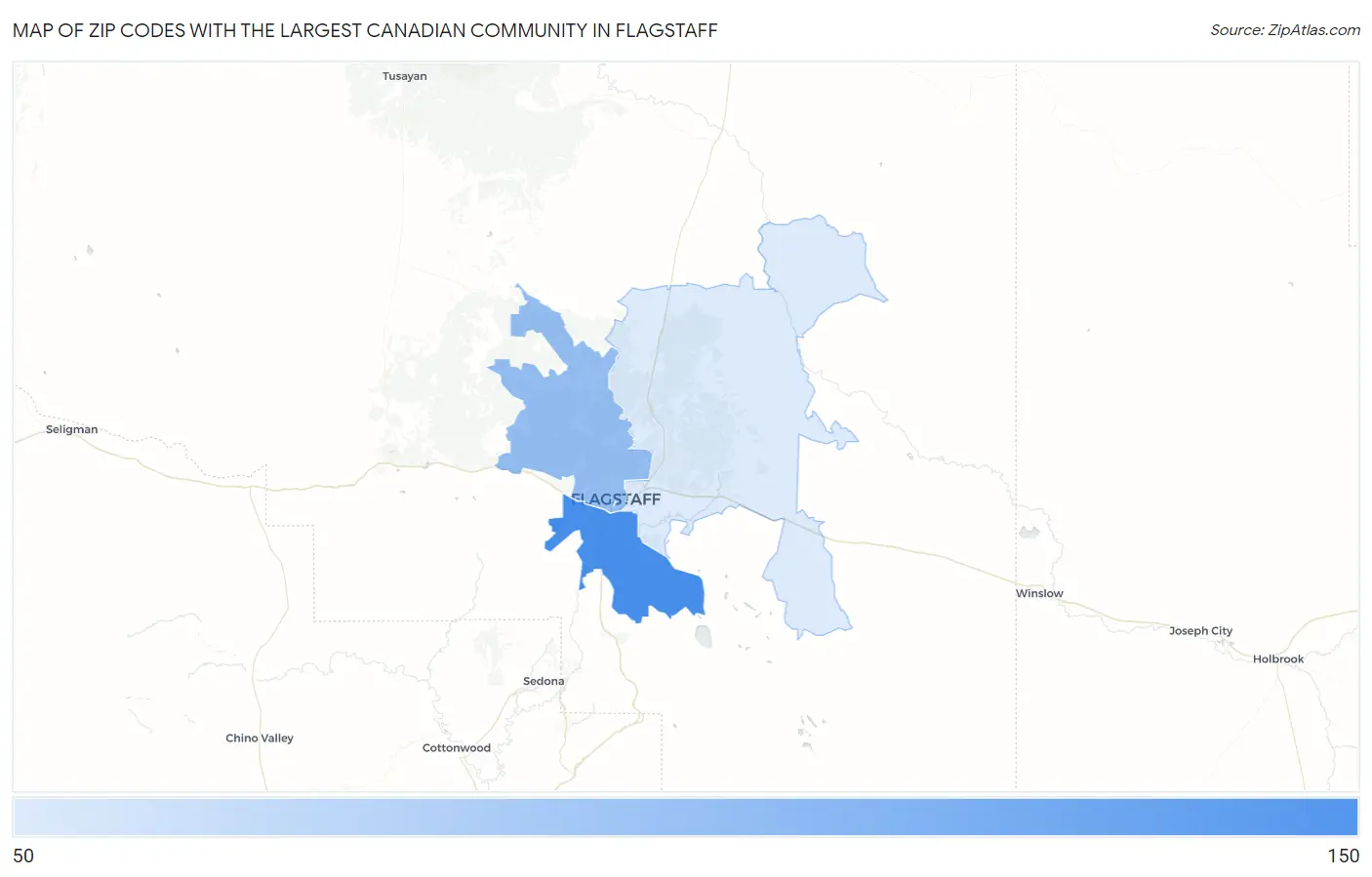 Zip Codes with the Largest Canadian Community in Flagstaff Map