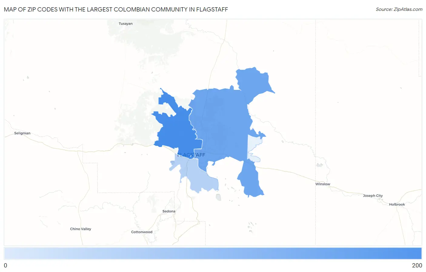 Zip Codes with the Largest Colombian Community in Flagstaff Map