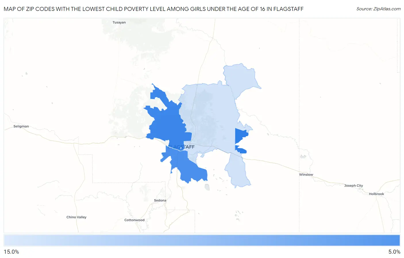 Zip Codes with the Lowest Child Poverty Level Among Girls Under the Age of 16 in Flagstaff Map