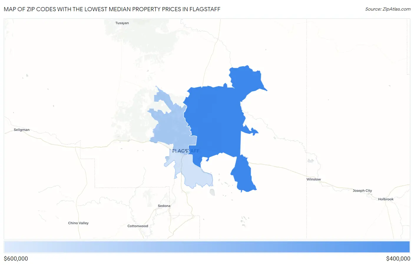 Zip Codes with the Lowest Median Property Prices in Flagstaff Map