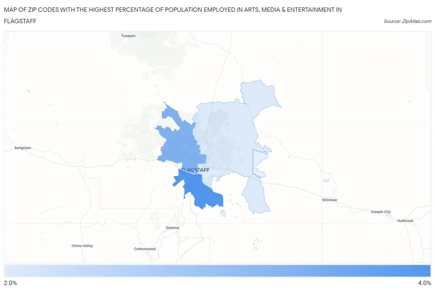 Zip Codes with the Highest Percentage of Population Employed in Arts, Media & Entertainment in Flagstaff Map