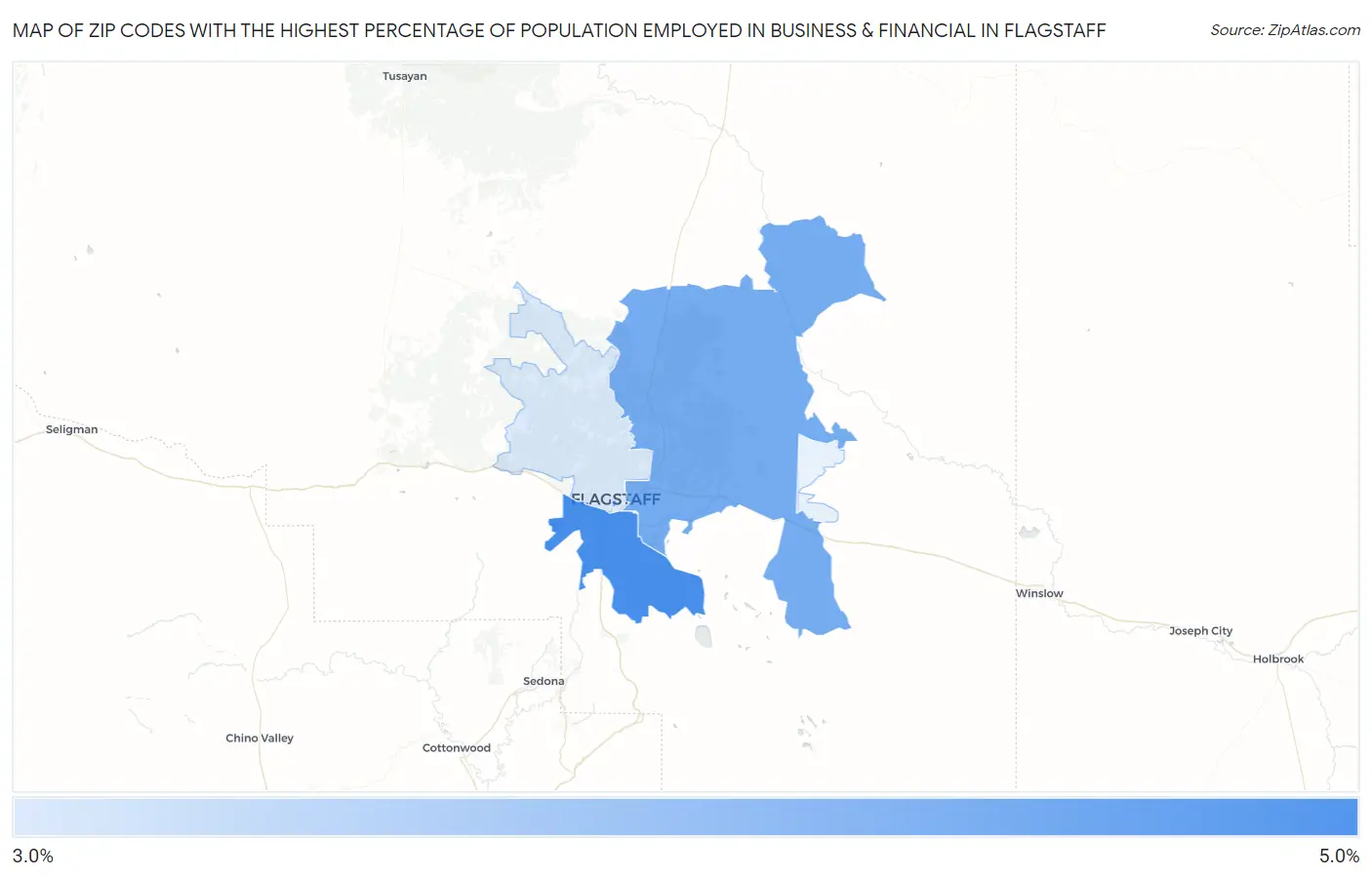 Zip Codes with the Highest Percentage of Population Employed in Business & Financial in Flagstaff Map