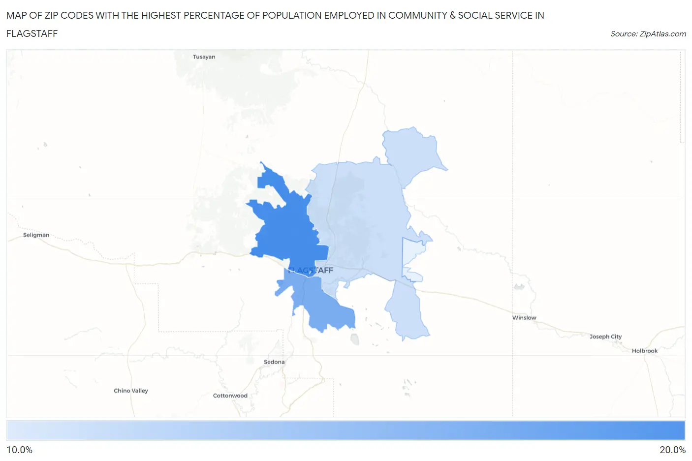 Zip Codes with the Highest Percentage of Population Employed in Community & Social Service  in Flagstaff Map