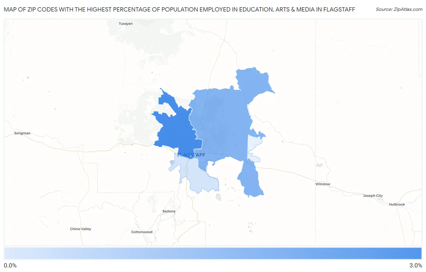 Zip Codes with the Highest Percentage of Population Employed in Education, Arts & Media in Flagstaff Map