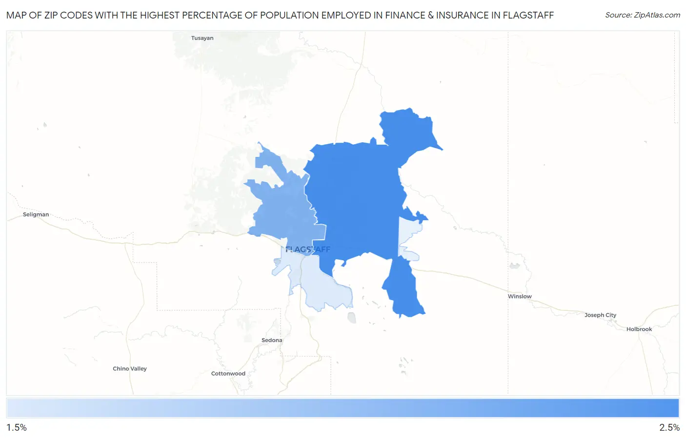 Zip Codes with the Highest Percentage of Population Employed in Finance & Insurance in Flagstaff Map