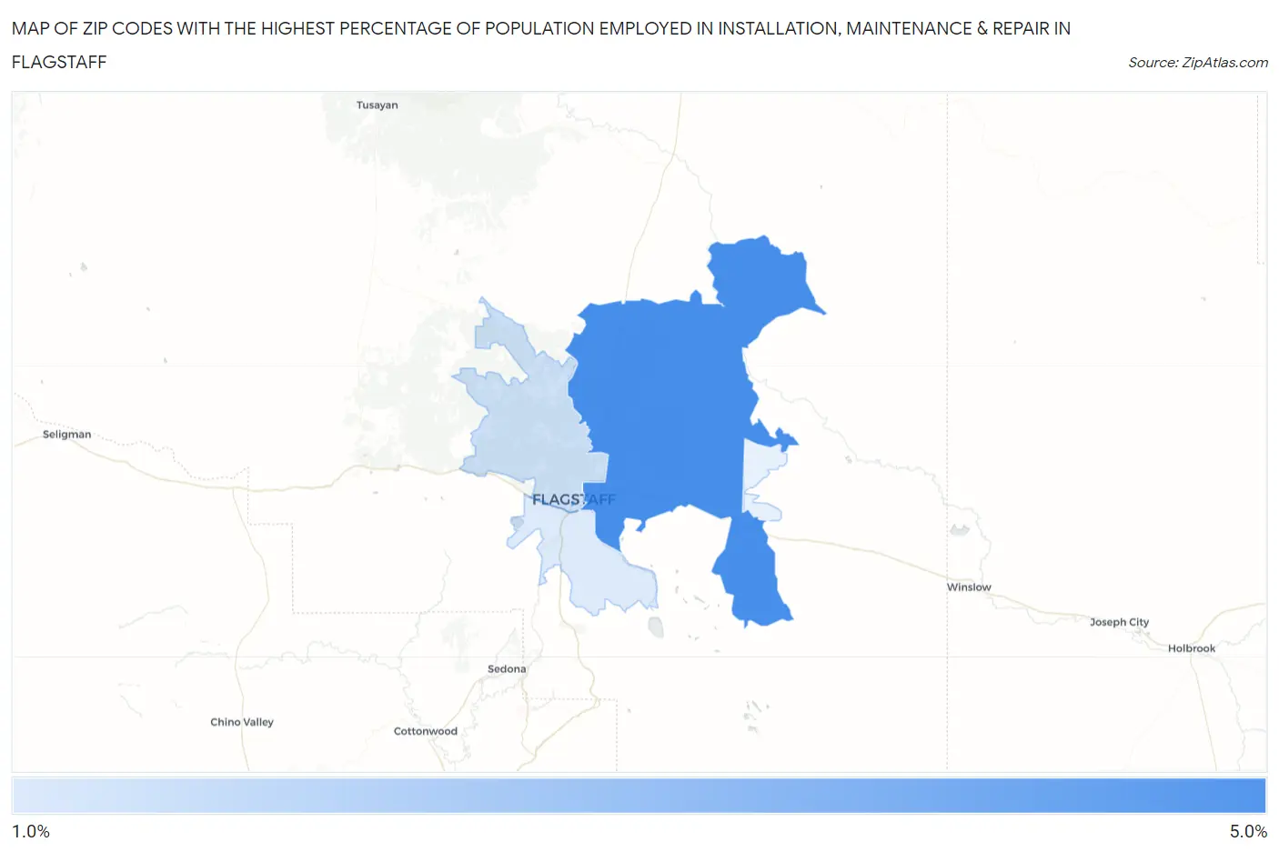 Zip Codes with the Highest Percentage of Population Employed in Installation, Maintenance & Repair in Flagstaff Map