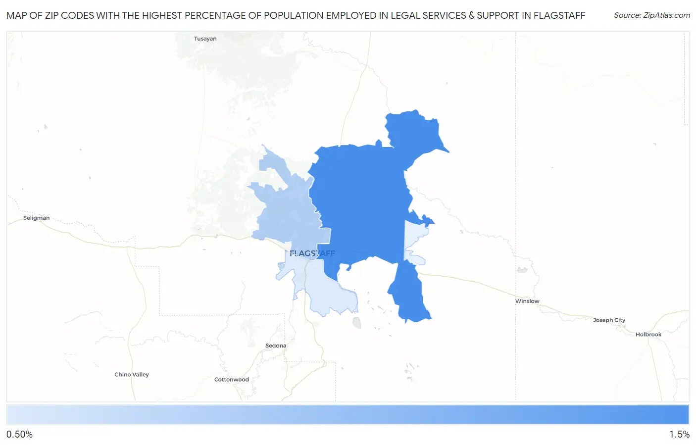 Zip Codes with the Highest Percentage of Population Employed in Legal Services & Support in Flagstaff Map