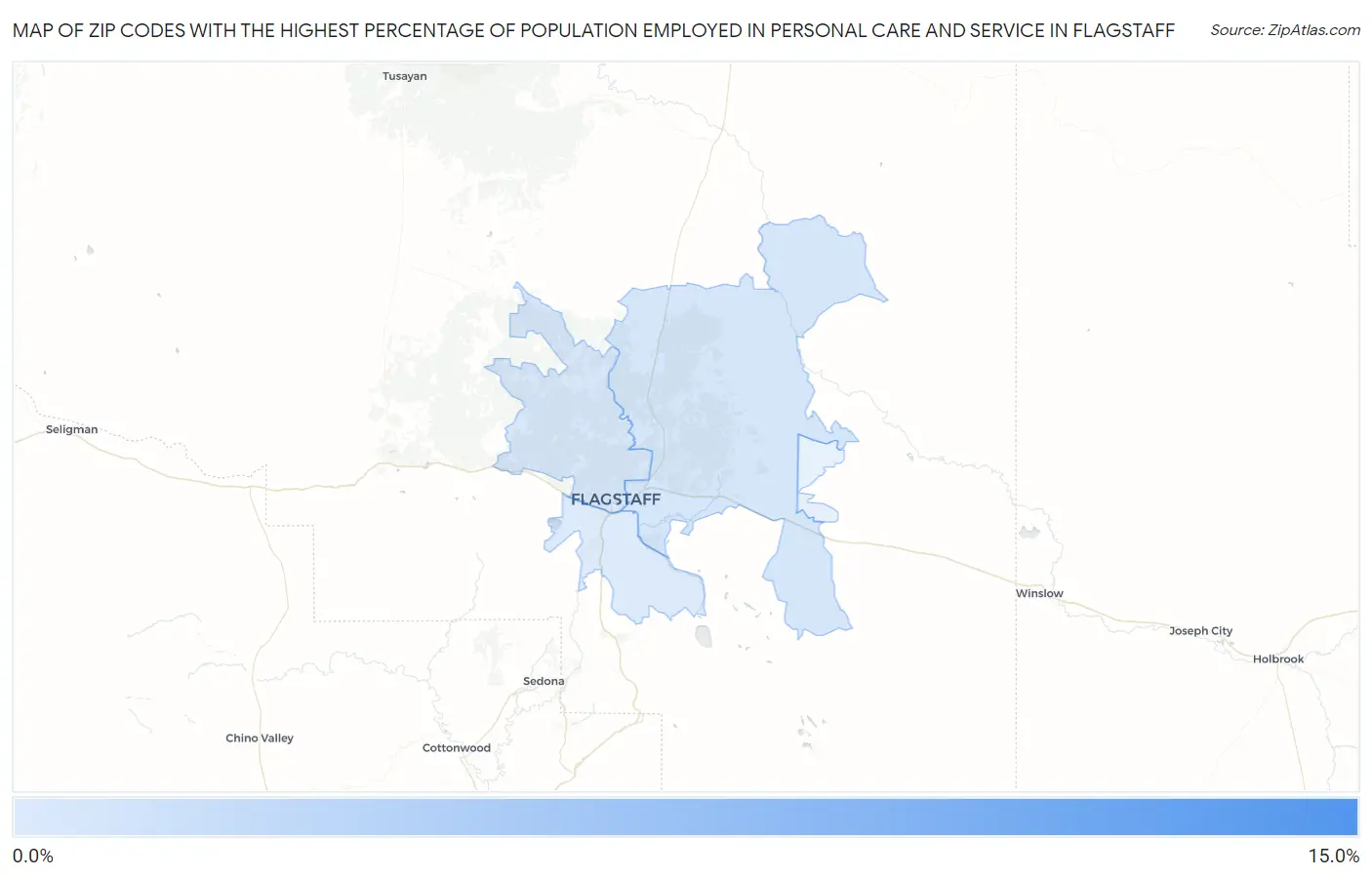 Zip Codes with the Highest Percentage of Population Employed in Personal Care and Service in Flagstaff Map