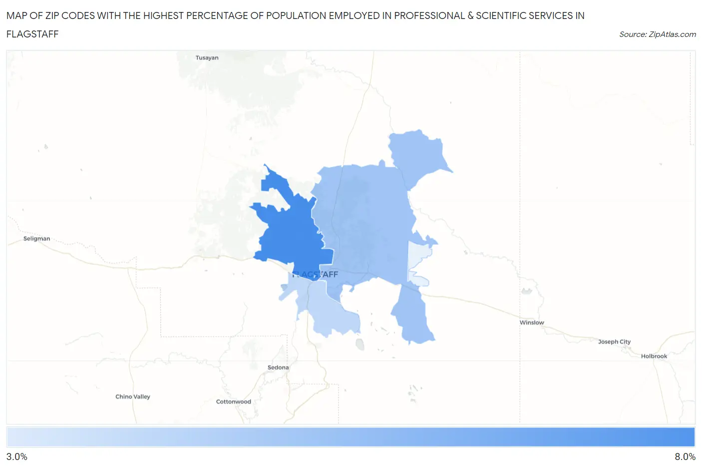 Zip Codes with the Highest Percentage of Population Employed in Professional & Scientific Services in Flagstaff Map