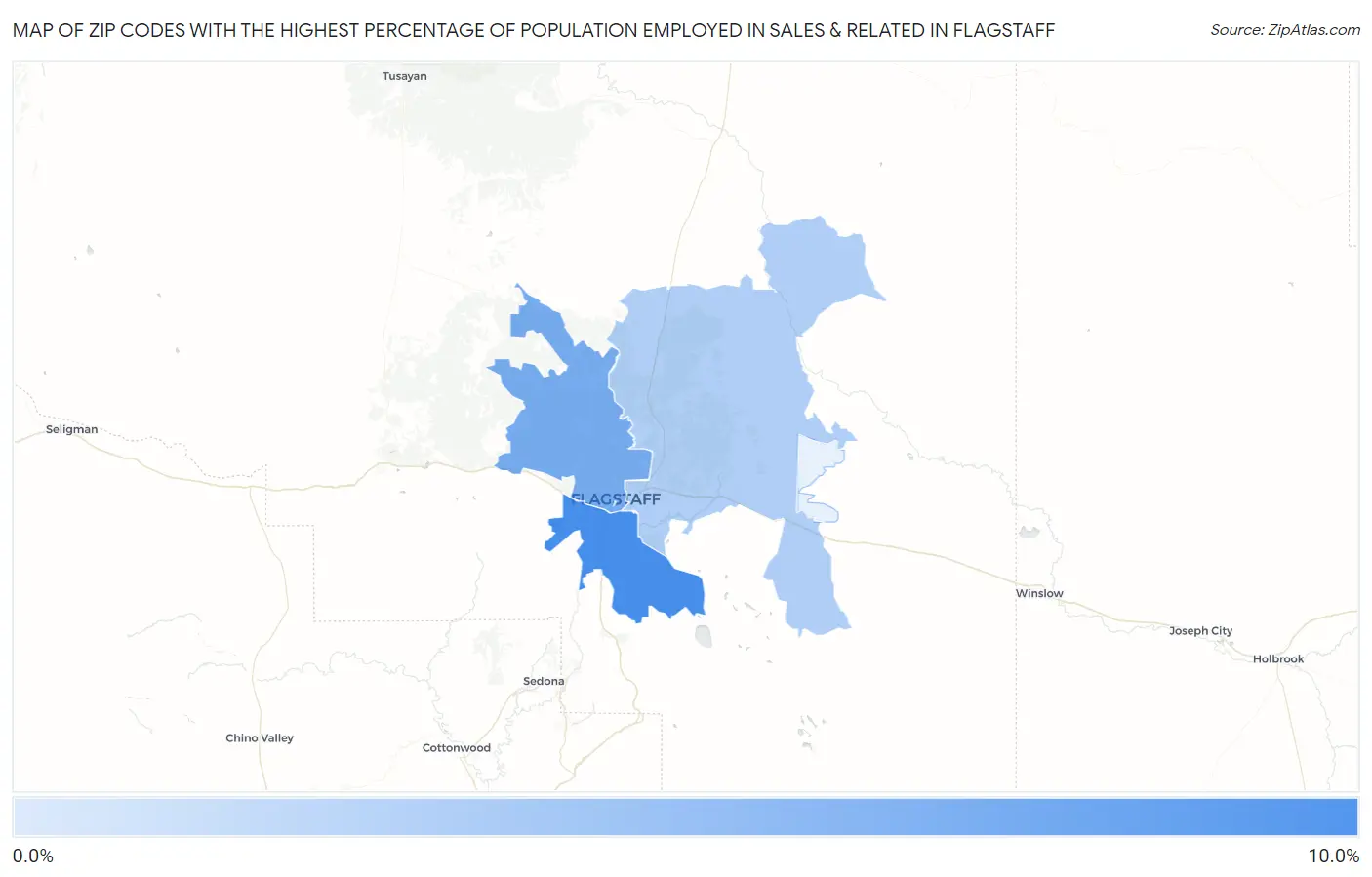 Zip Codes with the Highest Percentage of Population Employed in Sales & Related in Flagstaff Map