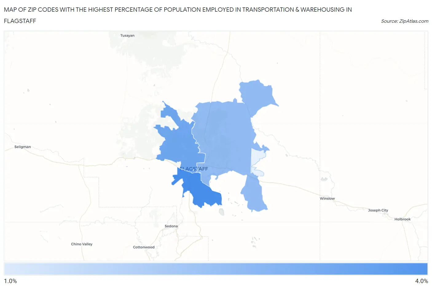 Zip Codes with the Highest Percentage of Population Employed in Transportation & Warehousing in Flagstaff Map