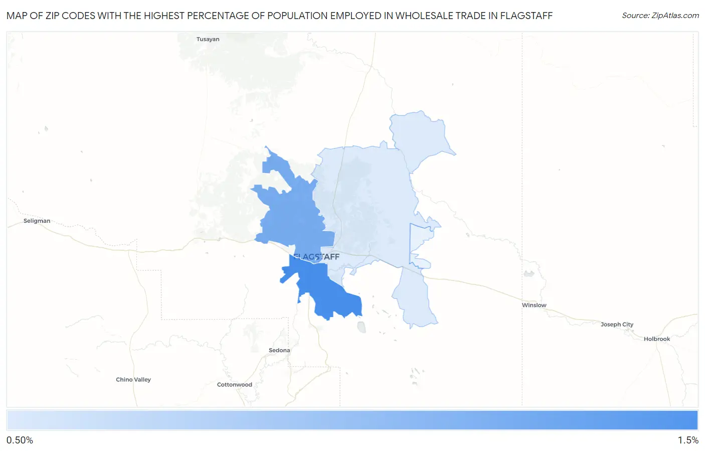 Zip Codes with the Highest Percentage of Population Employed in Wholesale Trade in Flagstaff Map