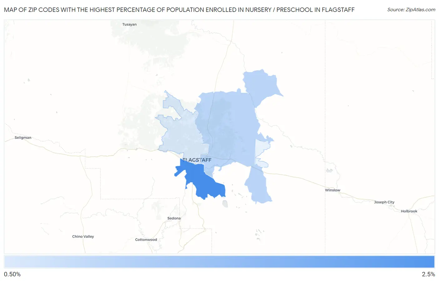 Zip Codes with the Highest Percentage of Population Enrolled in Nursery / Preschool in Flagstaff Map