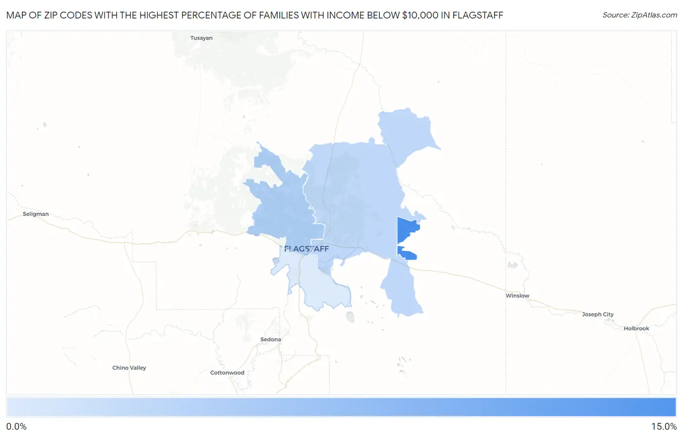 Zip Codes with the Highest Percentage of Families with Income Below $10,000 in Flagstaff Map
