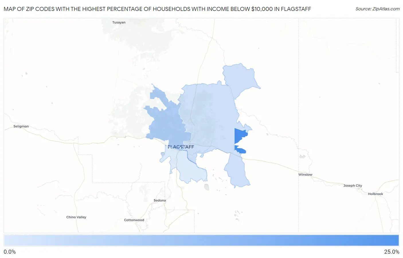 Zip Codes with the Highest Percentage of Households with Income Below $10,000 in Flagstaff Map