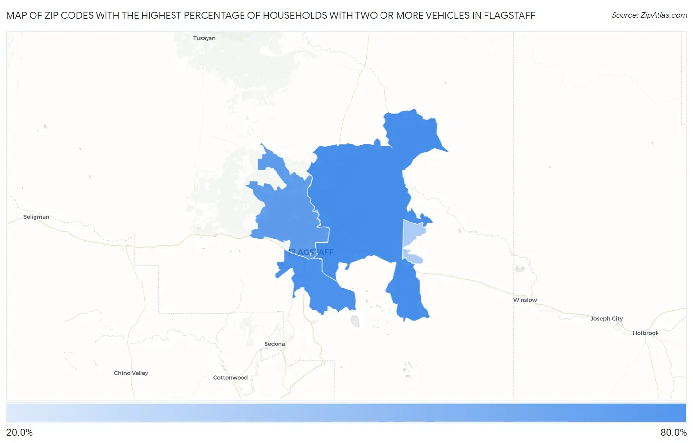 Zip Codes with the Highest Percentage of Households With Two or more Vehicles in Flagstaff Map