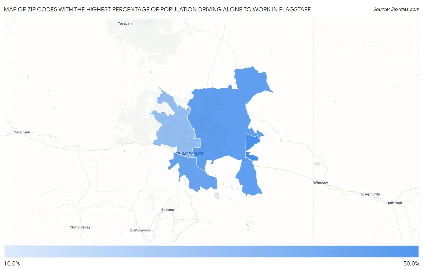 Zip Codes with the Highest Percentage of Population Driving Alone to Work in Flagstaff Map