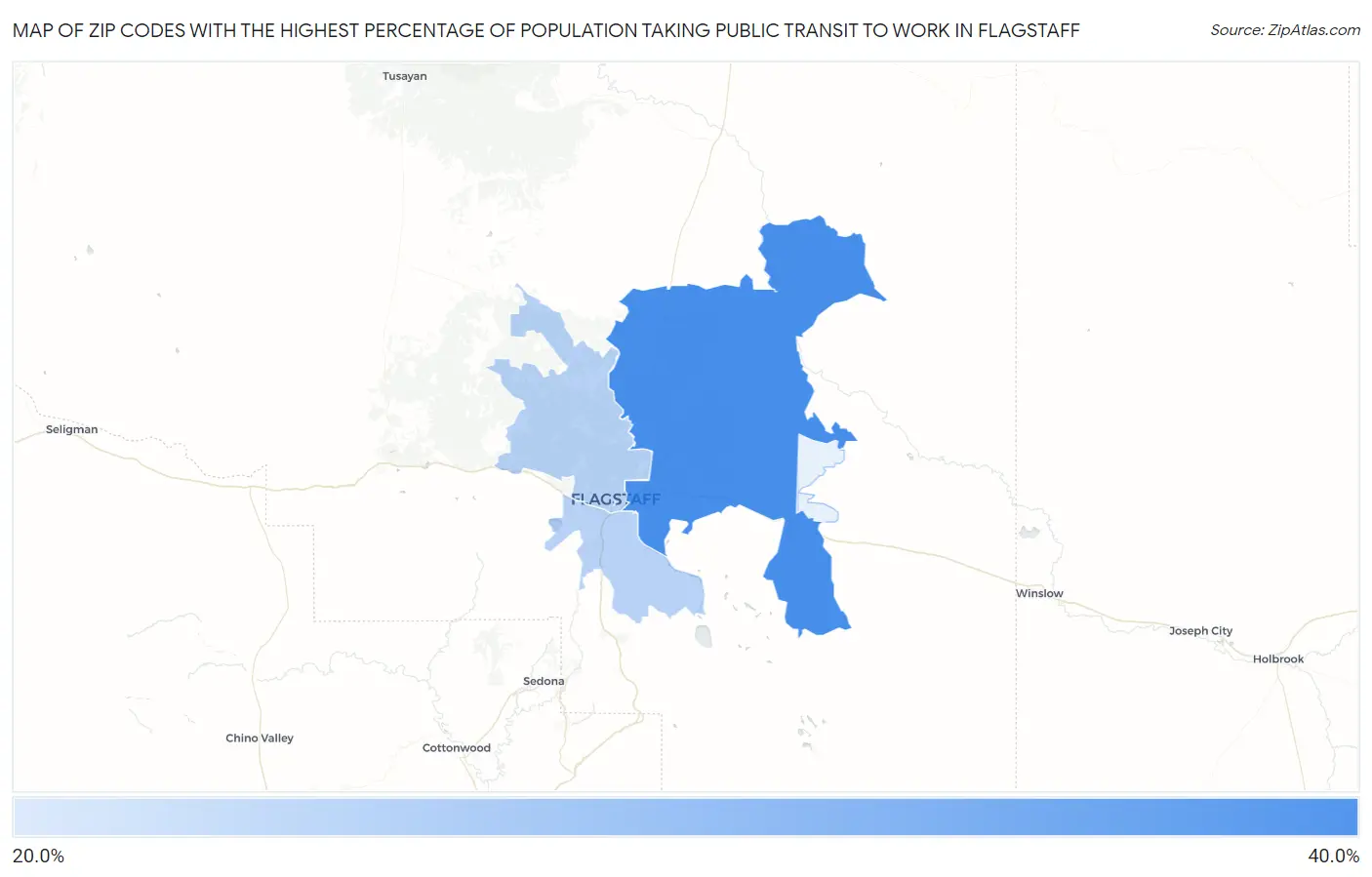 Zip Codes with the Highest Percentage of Population Taking Public Transit to Work in Flagstaff Map