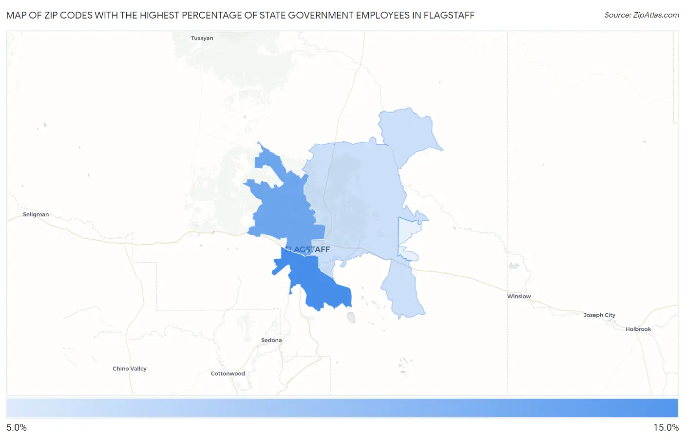 Zip Codes with the Highest Percentage of State Government Employees in Flagstaff Map