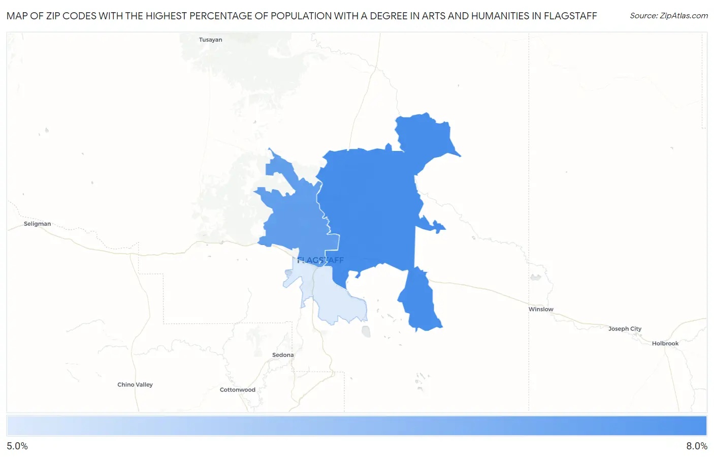 Zip Codes with the Highest Percentage of Population with a Degree in Arts and Humanities in Flagstaff Map