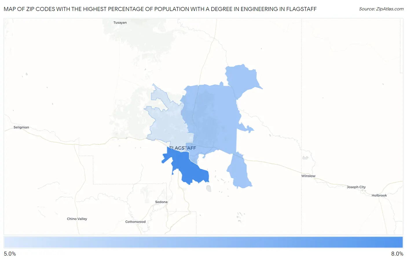 Zip Codes with the Highest Percentage of Population with a Degree in Engineering in Flagstaff Map