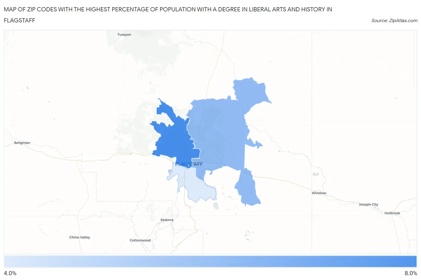Zip Codes with the Highest Percentage of Population with a Degree in Liberal Arts and History in Flagstaff Map