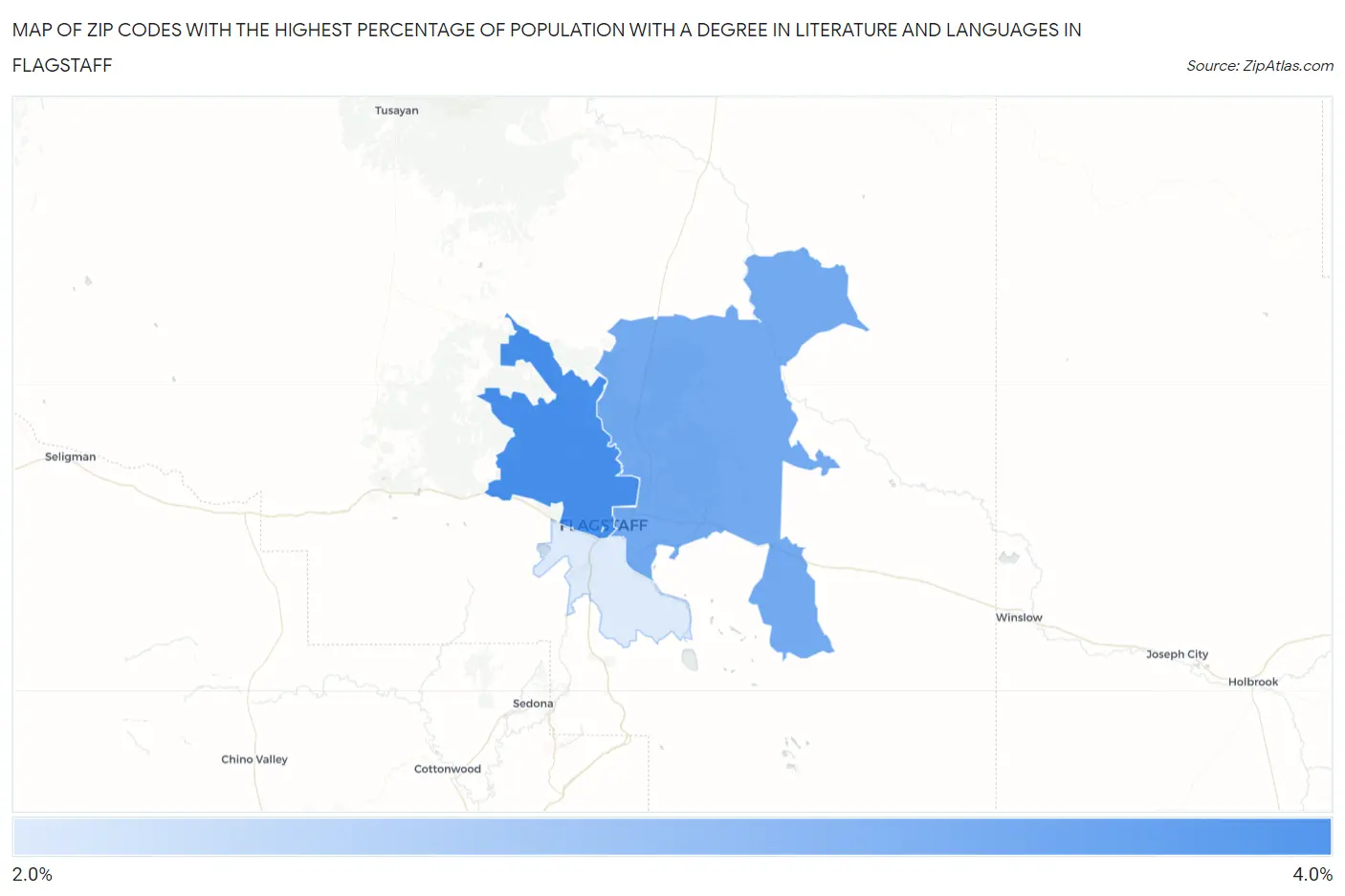 Zip Codes with the Highest Percentage of Population with a Degree in Literature and Languages in Flagstaff Map