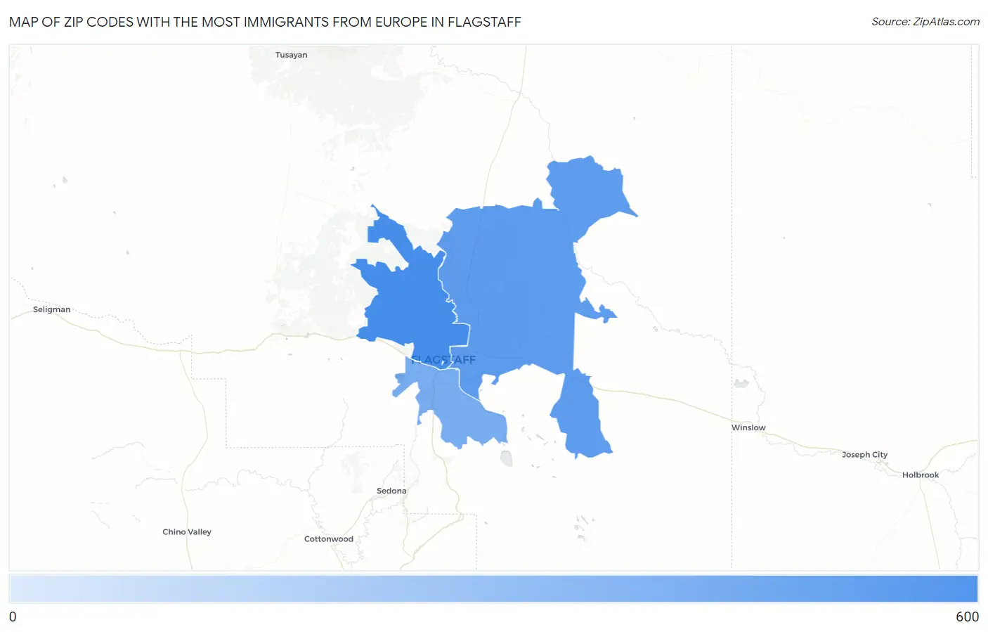 Zip Codes with the Most Immigrants from Europe in Flagstaff Map