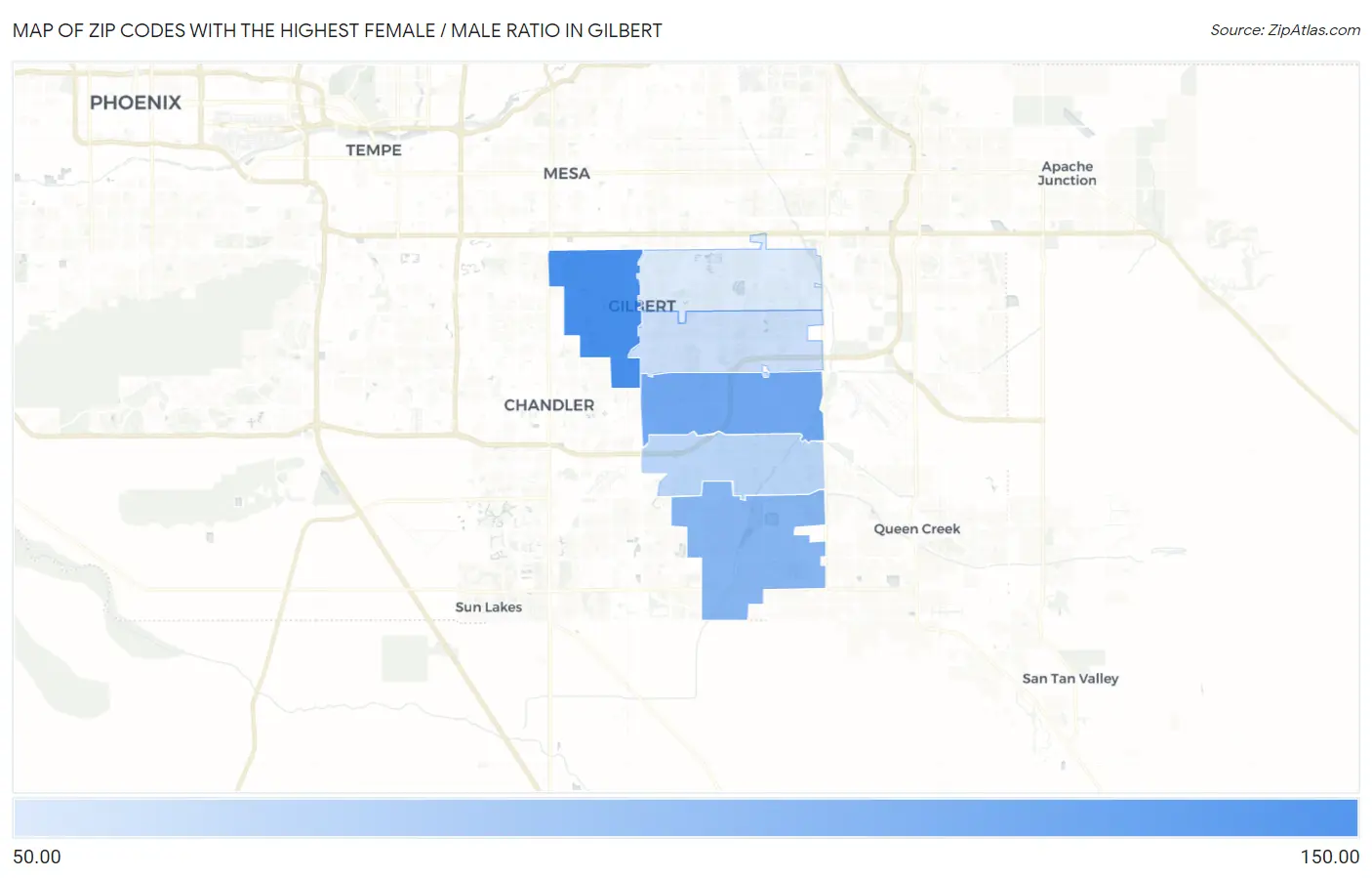 Zip Codes with the Highest Female / Male Ratio in Gilbert Map