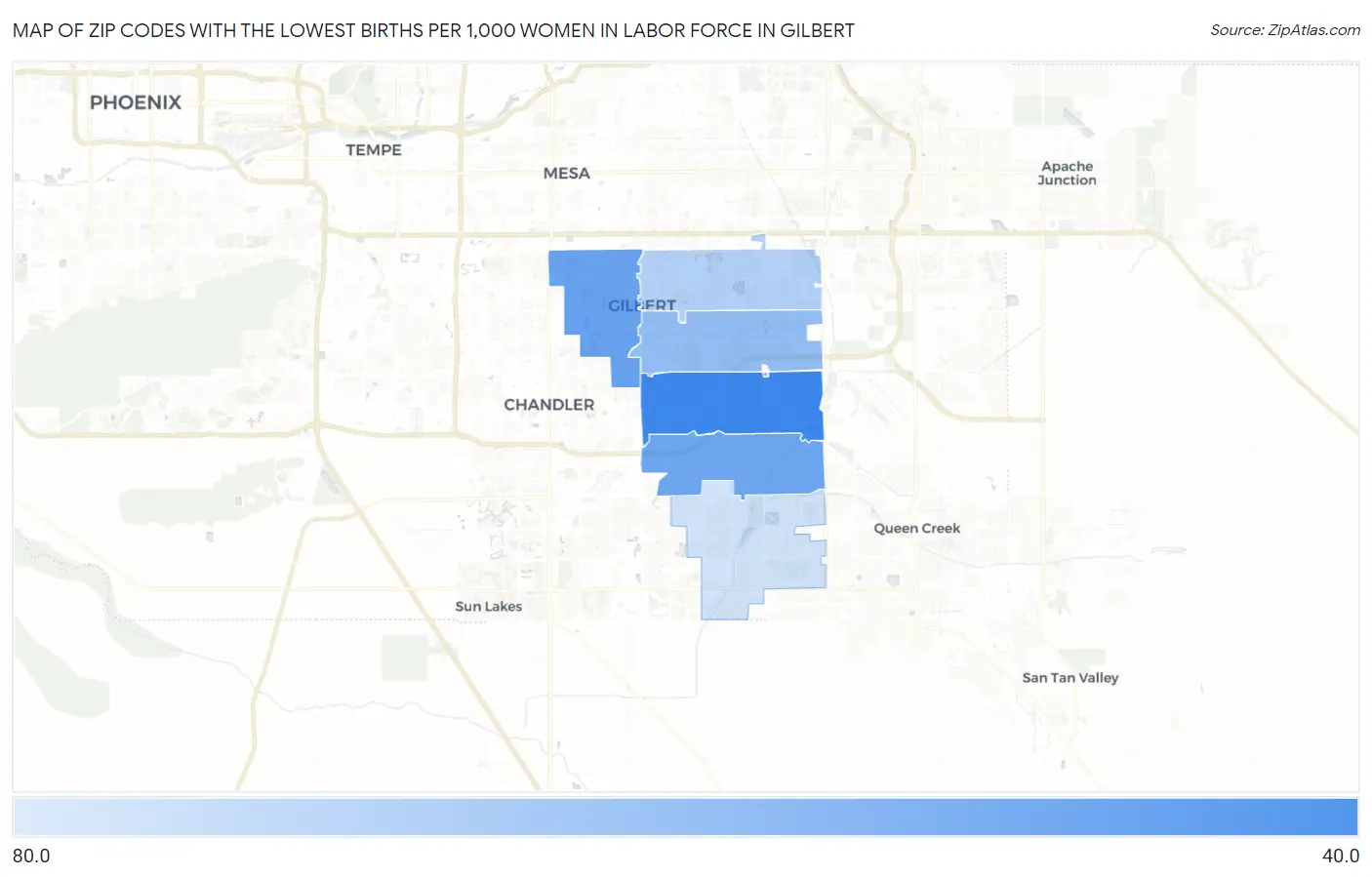 Zip Codes with the Lowest Births per 1,000 Women in Labor Force in Gilbert Map