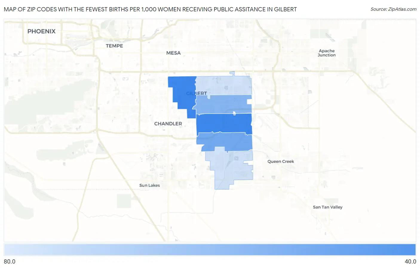 Zip Codes with the Fewest Births per 1,000 Women Receiving Public Assitance in Gilbert Map