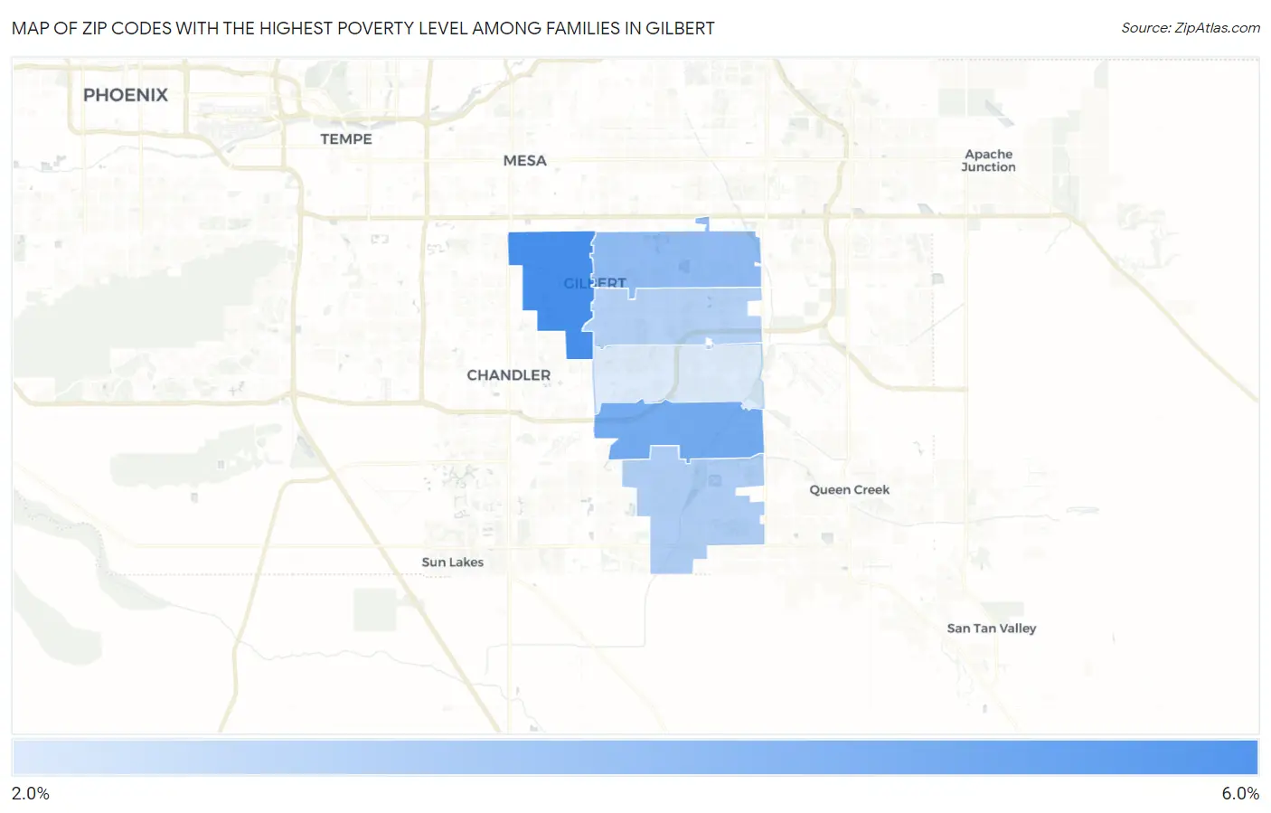 Zip Codes with the Highest Poverty Level Among Families in Gilbert Map