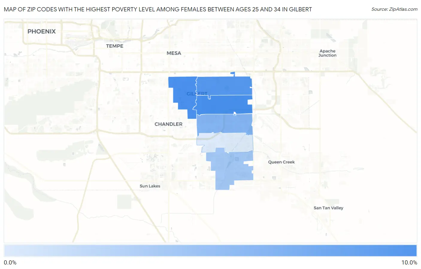 Zip Codes with the Highest Poverty Level Among Females Between Ages 25 and 34 in Gilbert Map