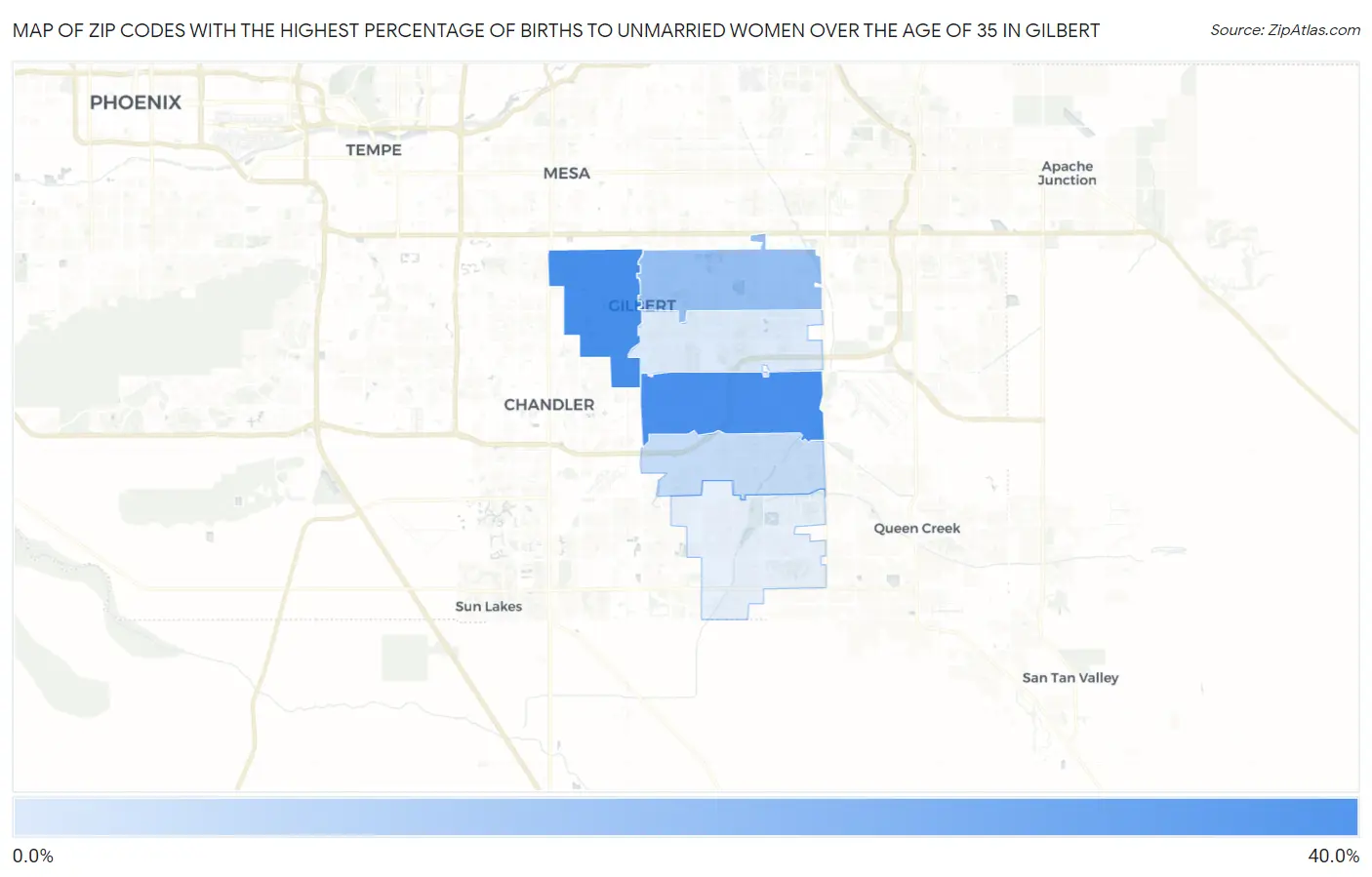 Zip Codes with the Highest Percentage of Births to Unmarried Women over the Age of 35 in Gilbert Map