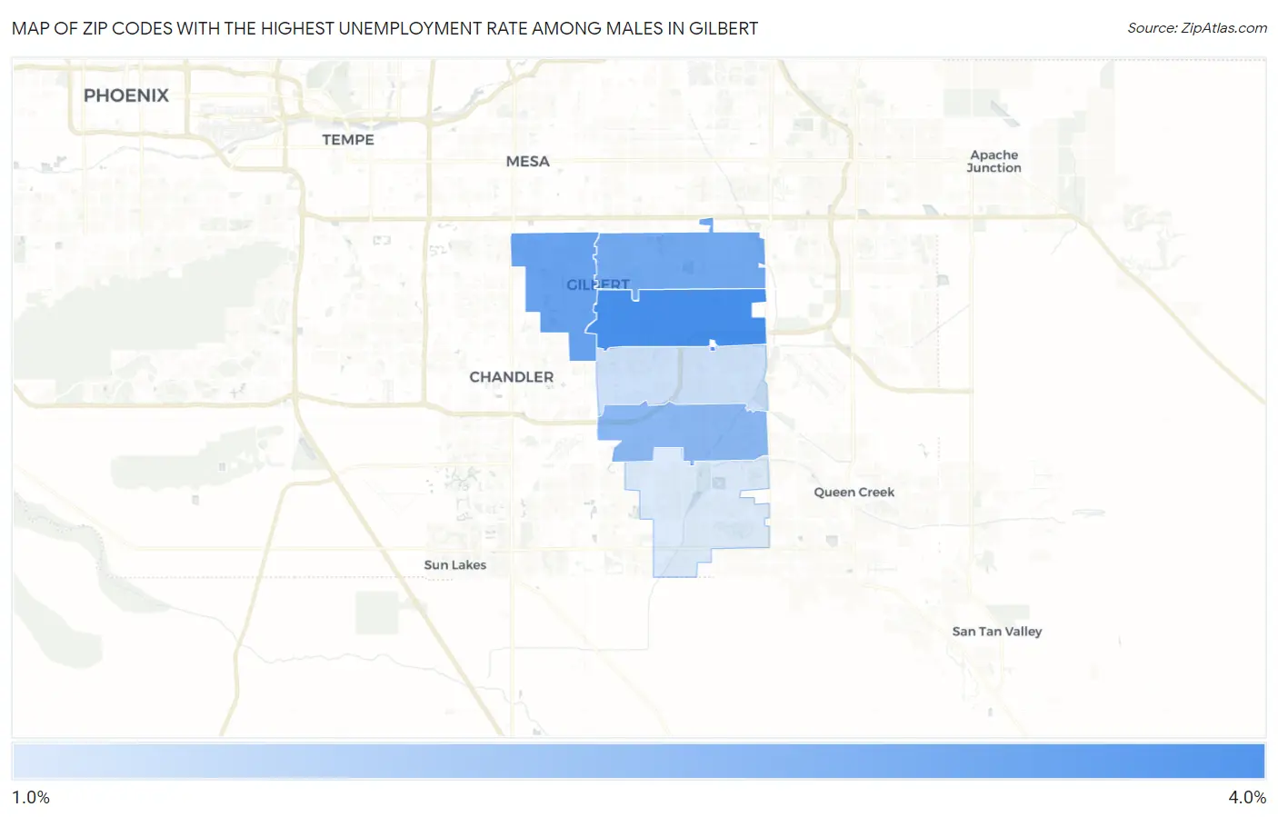 Zip Codes with the Highest Unemployment Rate Among Males in Gilbert Map